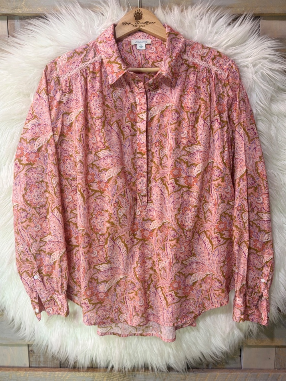 EUC [Sundance] Popover Pink Orange Floral Long Sleeve Collar Shirt Top | Small - Picture 3 of 14